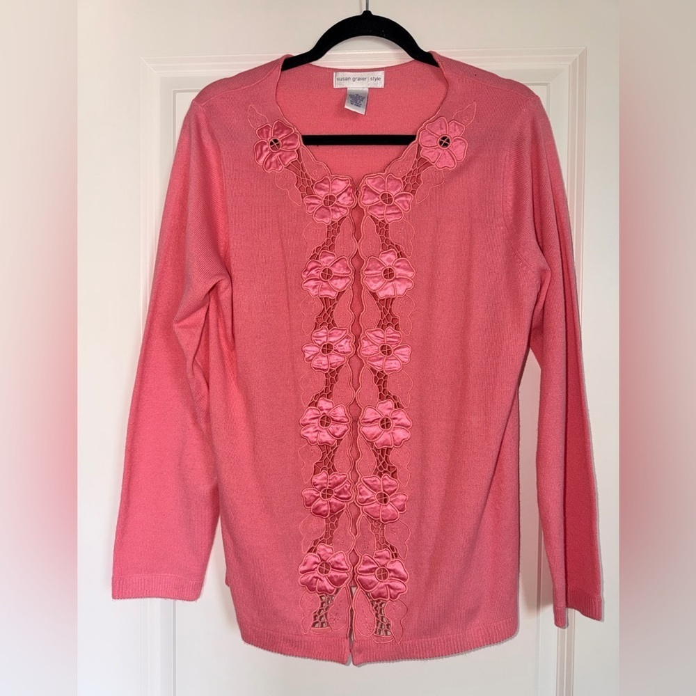 Susan Graver Women’s Pink Floral Lace Cardigan - Picture 6 of 6